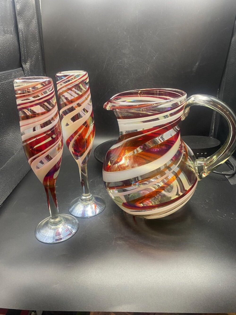 Hand Blown Swirl Pitcher and 2 Champagne Flutes